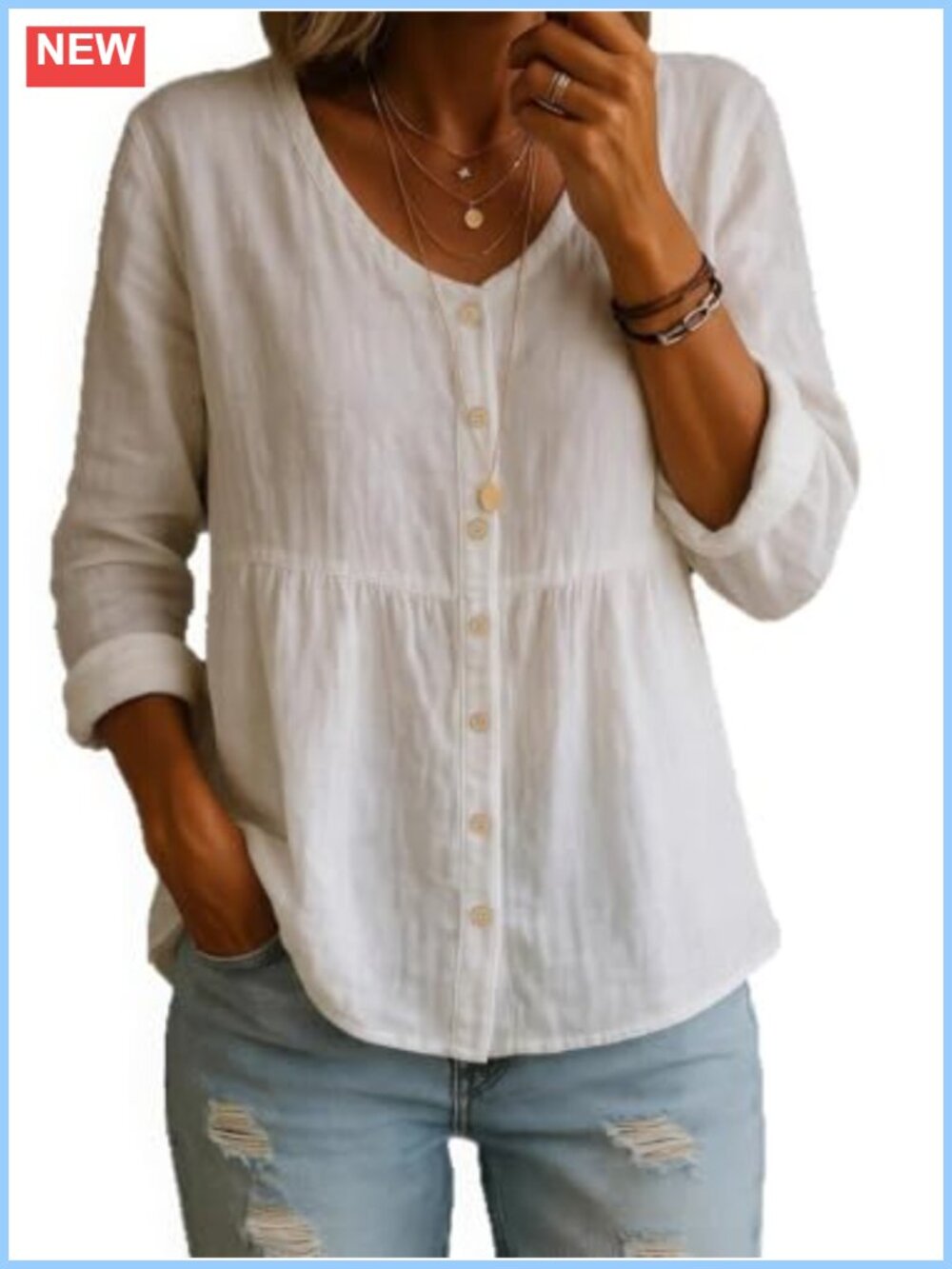 Women's Cotton Linen Tunic Shirt V Neck Roll Up Long Sleeve Button Down Summer